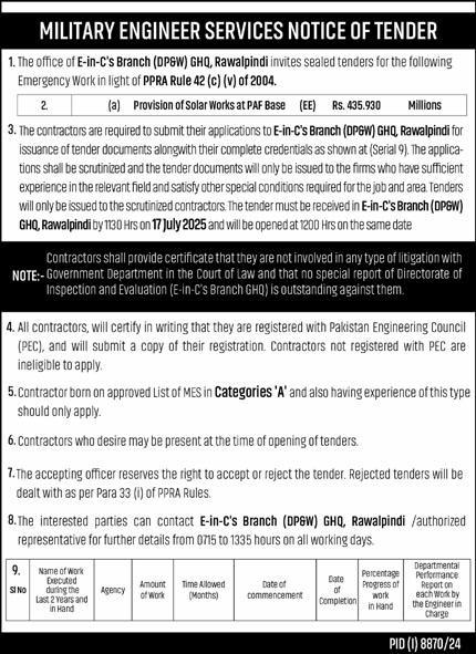 Military Engineering Services Rawalpindi Tender Notice